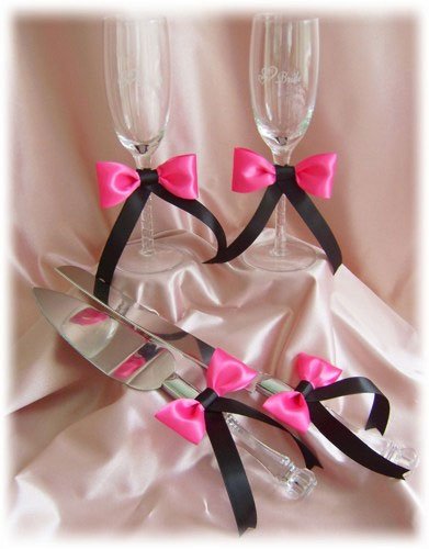 flutes couverts mariage avec noeud noir et fuschia